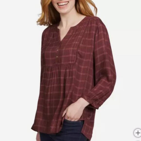 NEW Wrangler Womens XS Plaid V-Neck Button-Front Sleeves Burgundy Lightweight - Picture 2 of 9